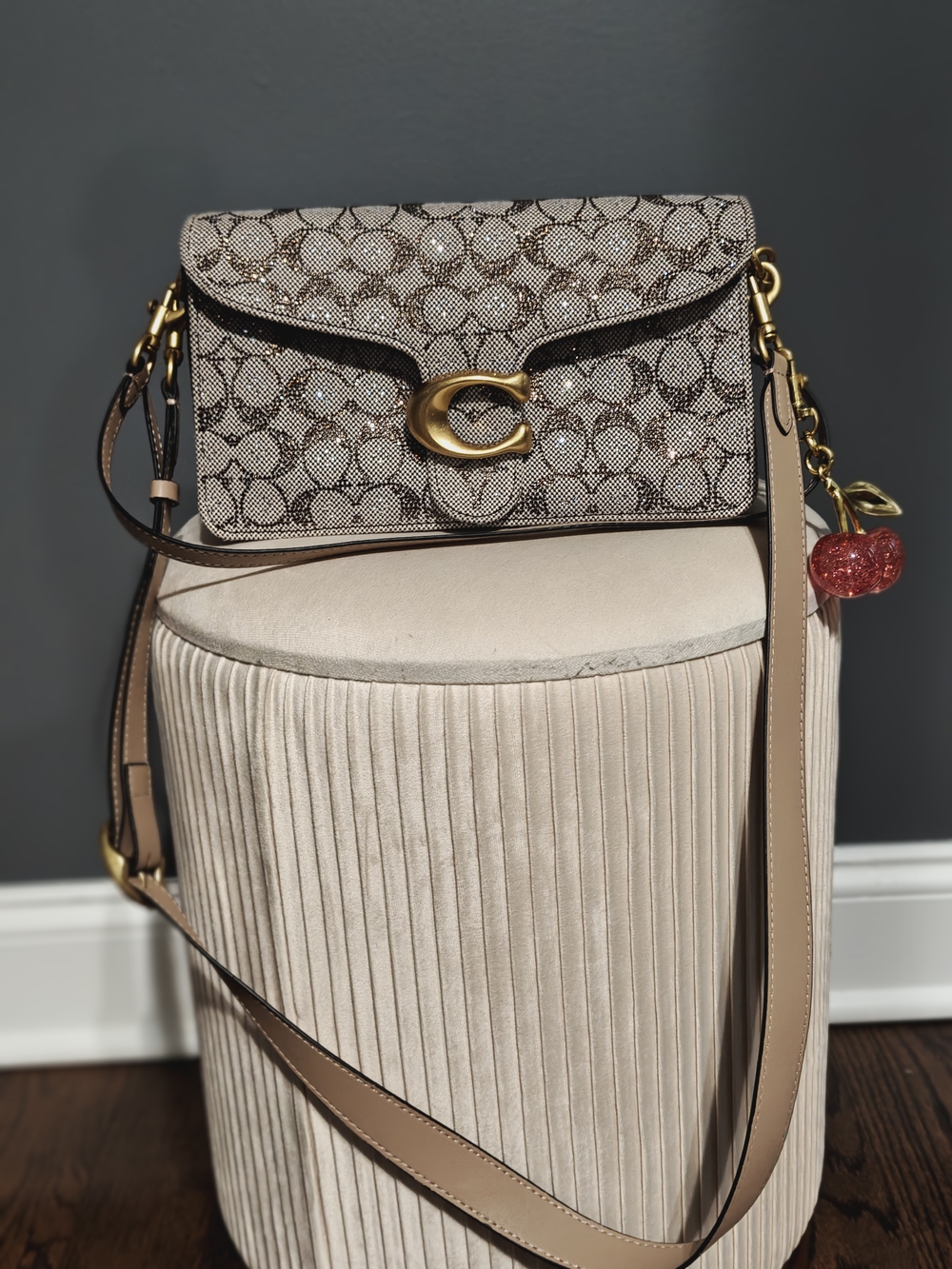 Coach Signature Canvas C Shoulder Bag in Tan/Beige Crystal